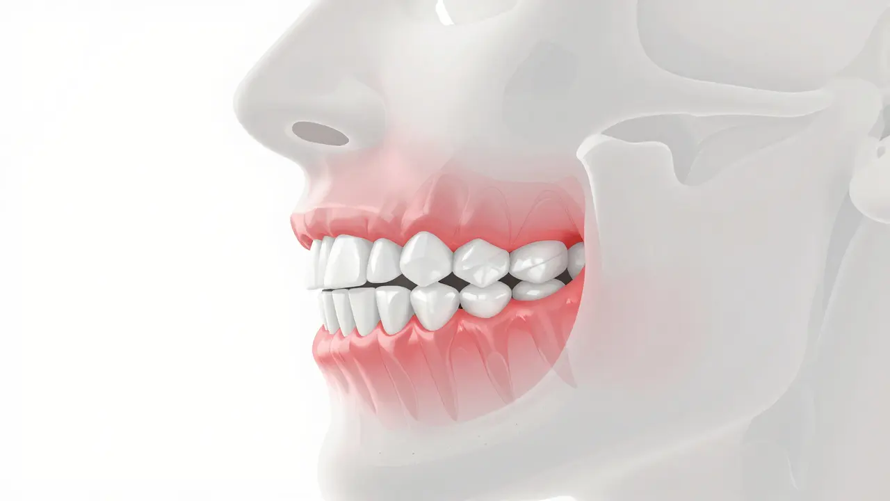 Anatomická ilustrace ukazující nesprávné zakusení a přetlak horních zubů.