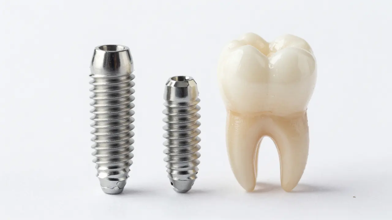 Detailní záběr titanového zubního implantátu vedle přírodního kořene zuba a keramické korunky.