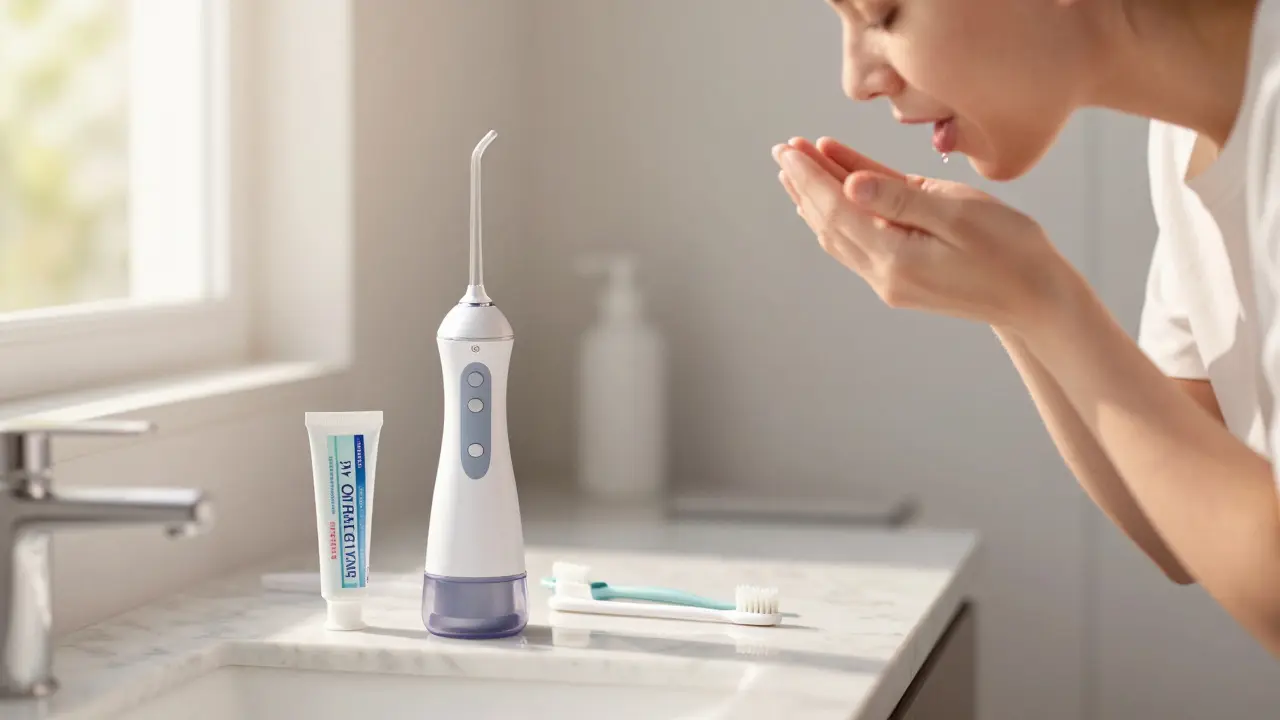 Hygienické pomůcky pro péči o implantáty, včetně vodní hubice a mezizubních kartáčků.