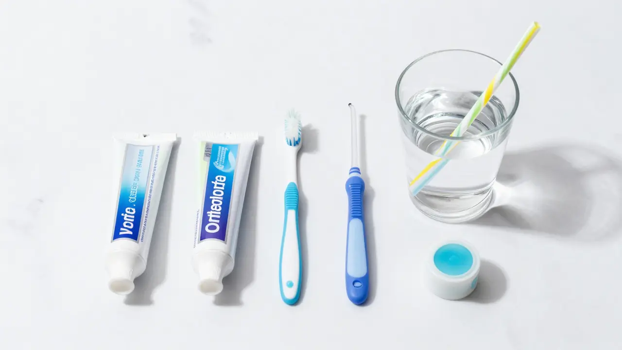 Hygienické pomůcky pro péči o rovnátka na bílém pozadí