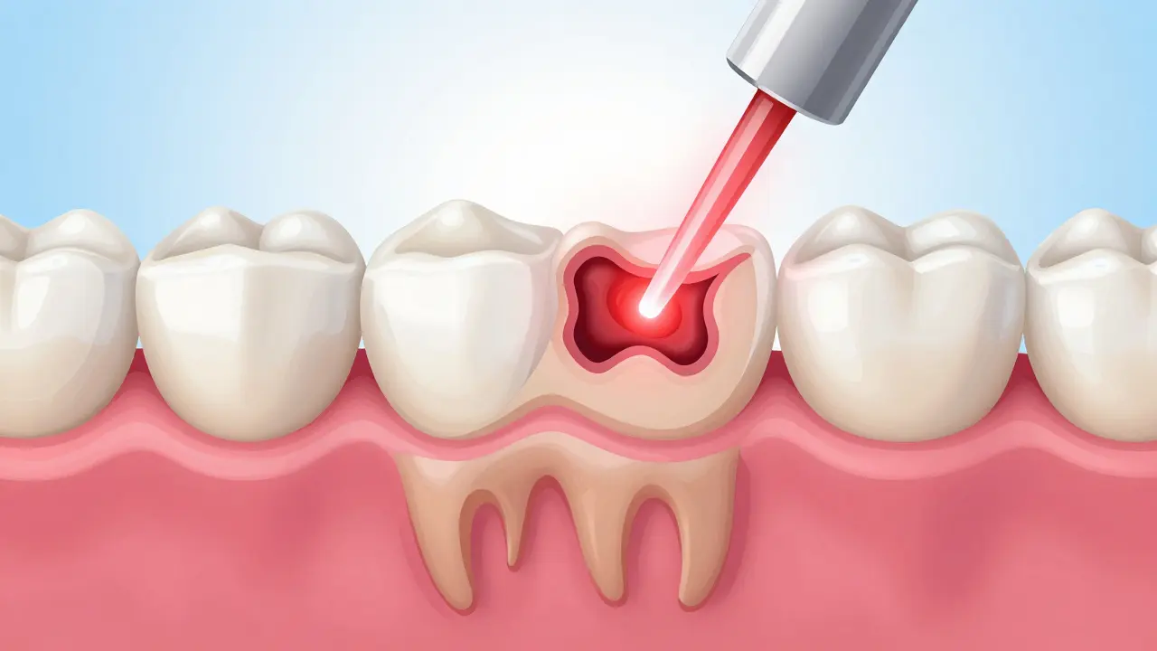 Konceptuální ilustrace laserové diagnostiky kazu pod zubní fazetou