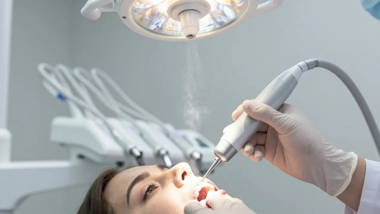 Zubní hygienist čistí zuby ultrazvukovým aparát v ordinaci