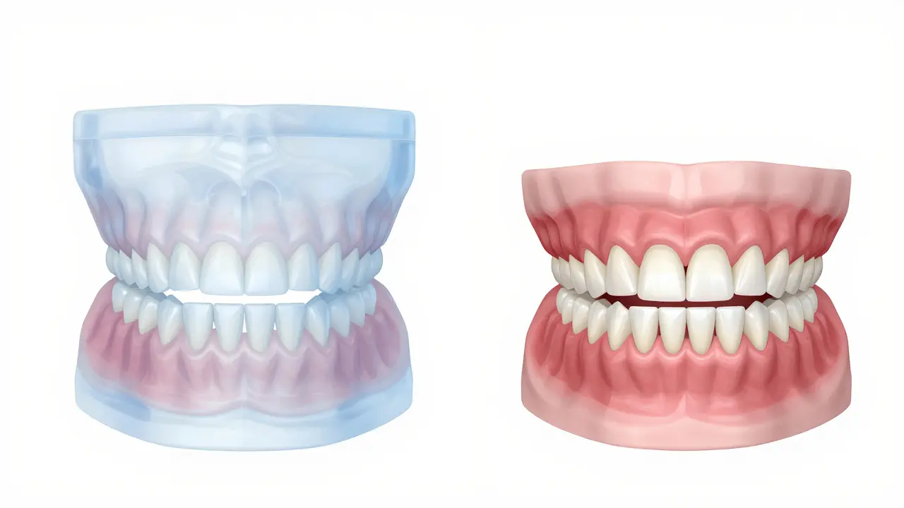 3D ilustrace porovnání gummy smile a ideálního poměru zubů a dásní
