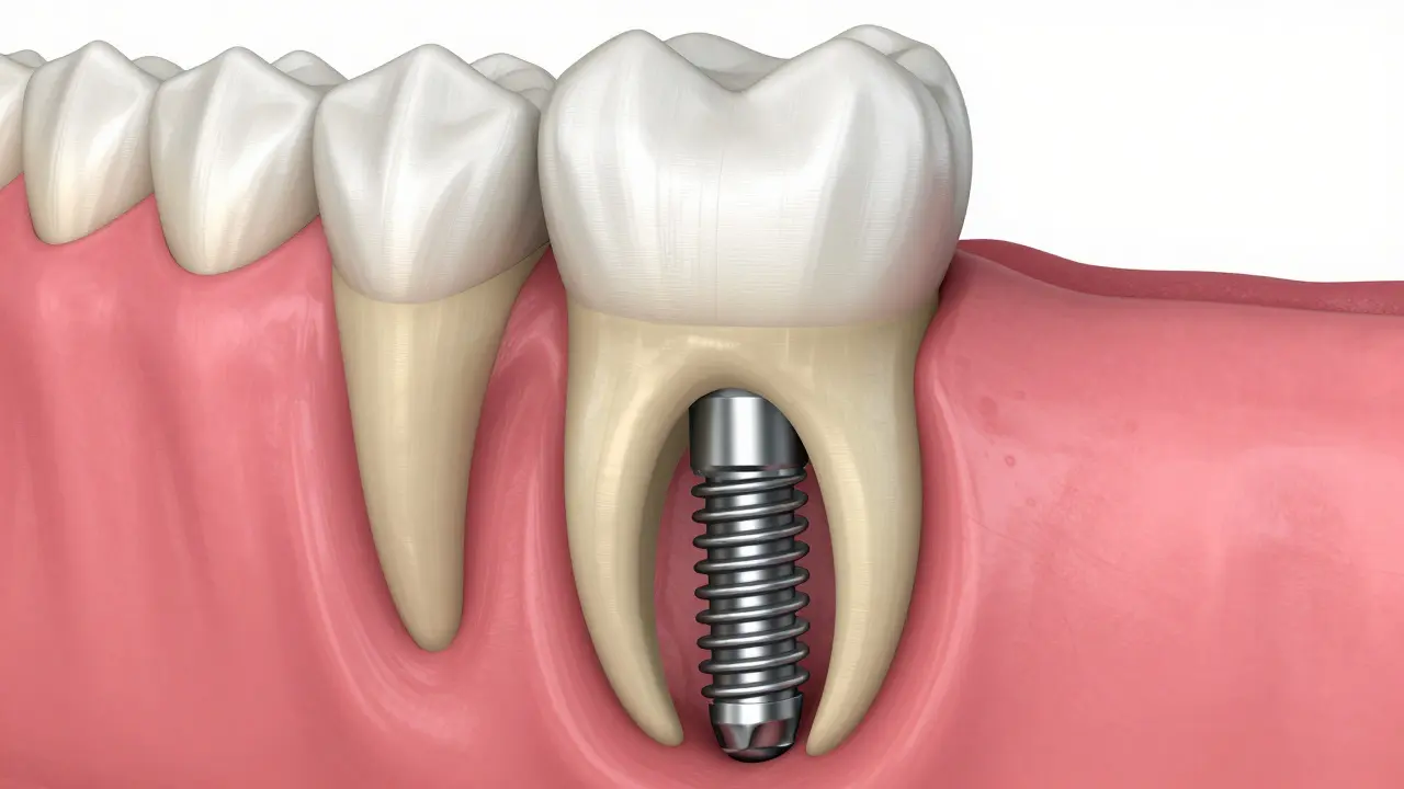 Anatomický řez ukazuje implantát integrovaný do čelisti