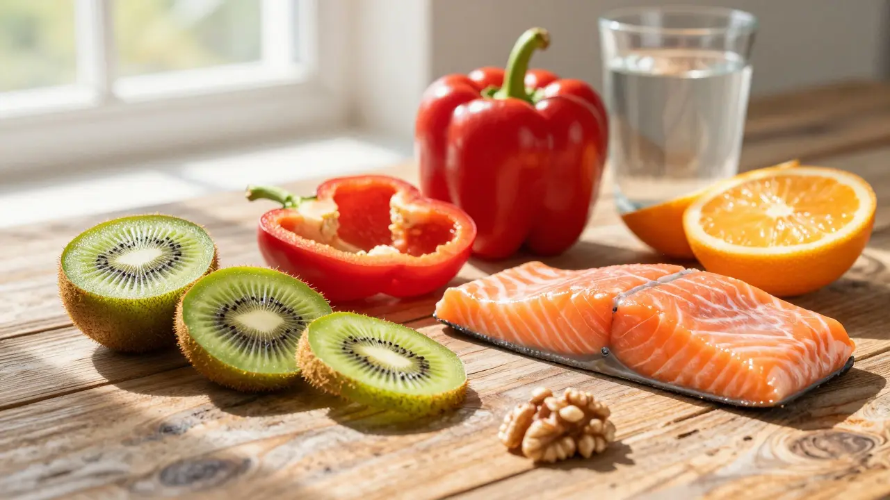 Čerstvé ovoce, ryby a ořechy jako zdroje vitamínů pro zdraví dásní