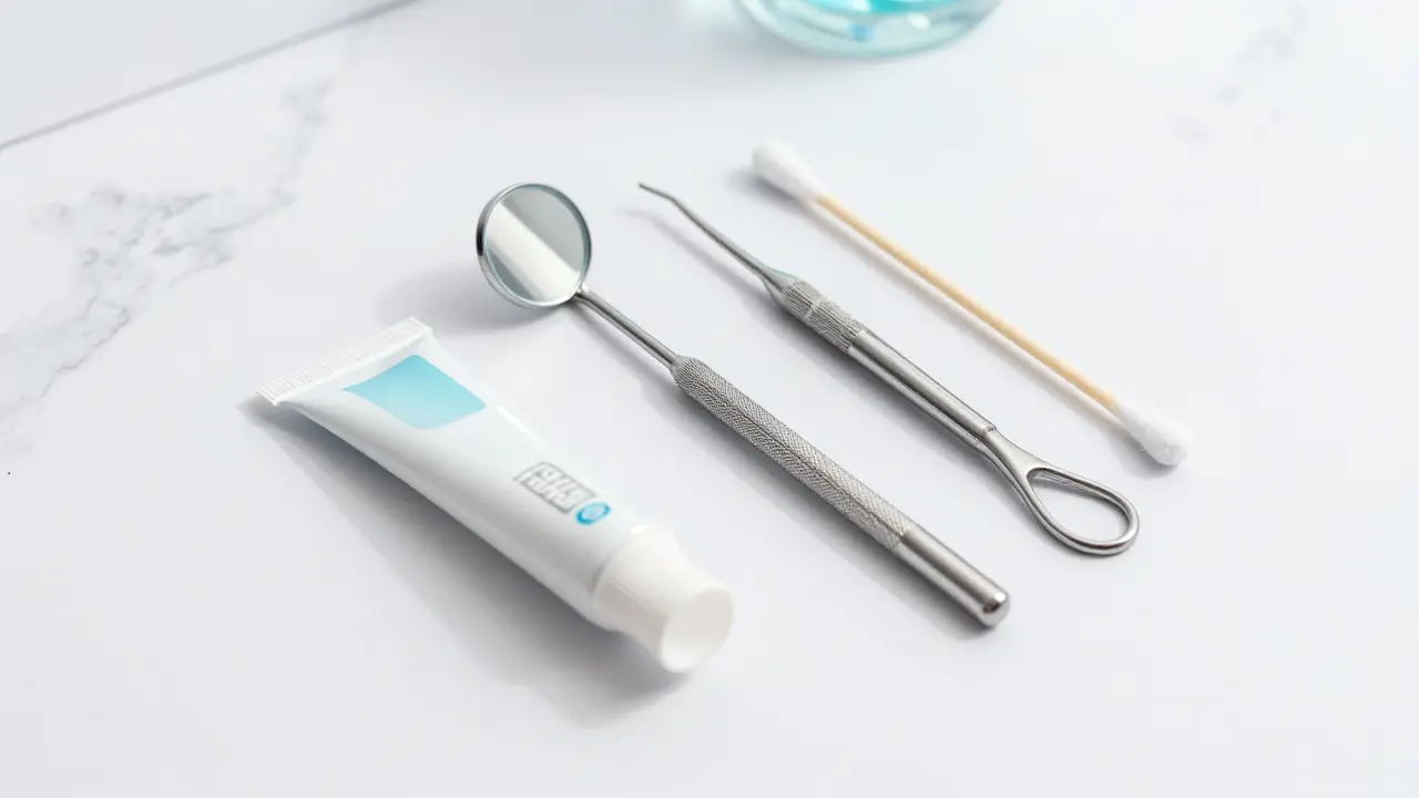 Dentální zrcátko a bělicí gel na čistém pultu