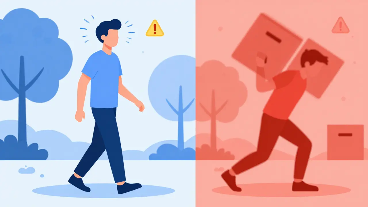 Ilustrace bezpečné chůze versus rizikové zvedání závaží při hojení.
