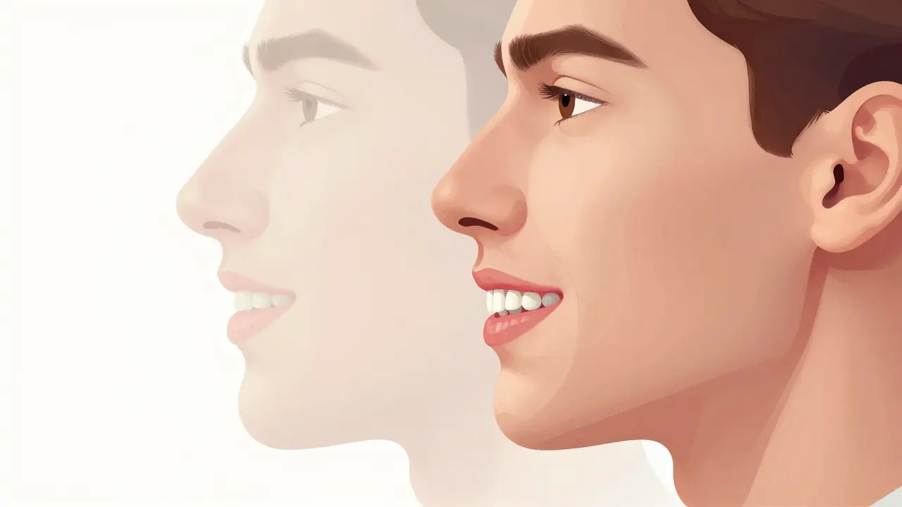 Ilustrace profilu obličeje před a po ortodontické úpravě