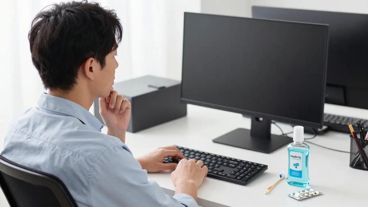 Kancelářská práce s ergonomickým nastavením a léky na stole.