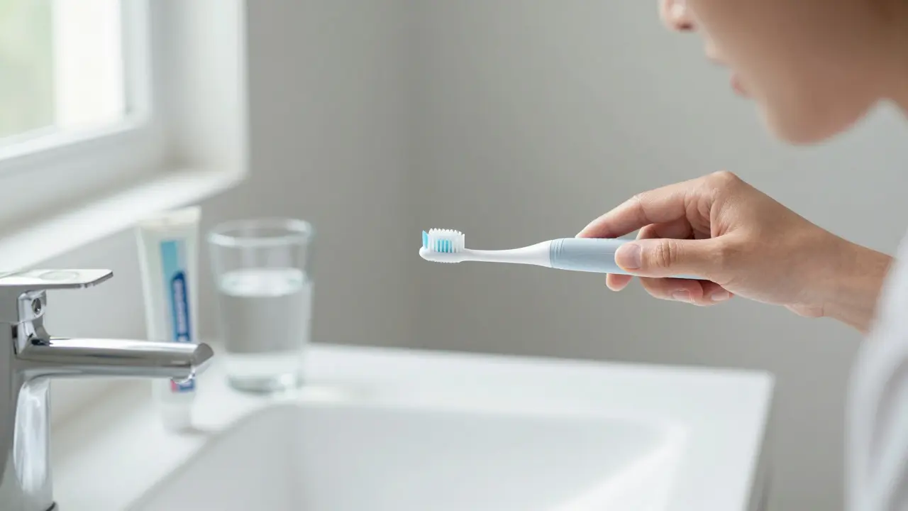 Osoba jemně čistící zuby měkkou kartáčkem pro prevenci bolesti