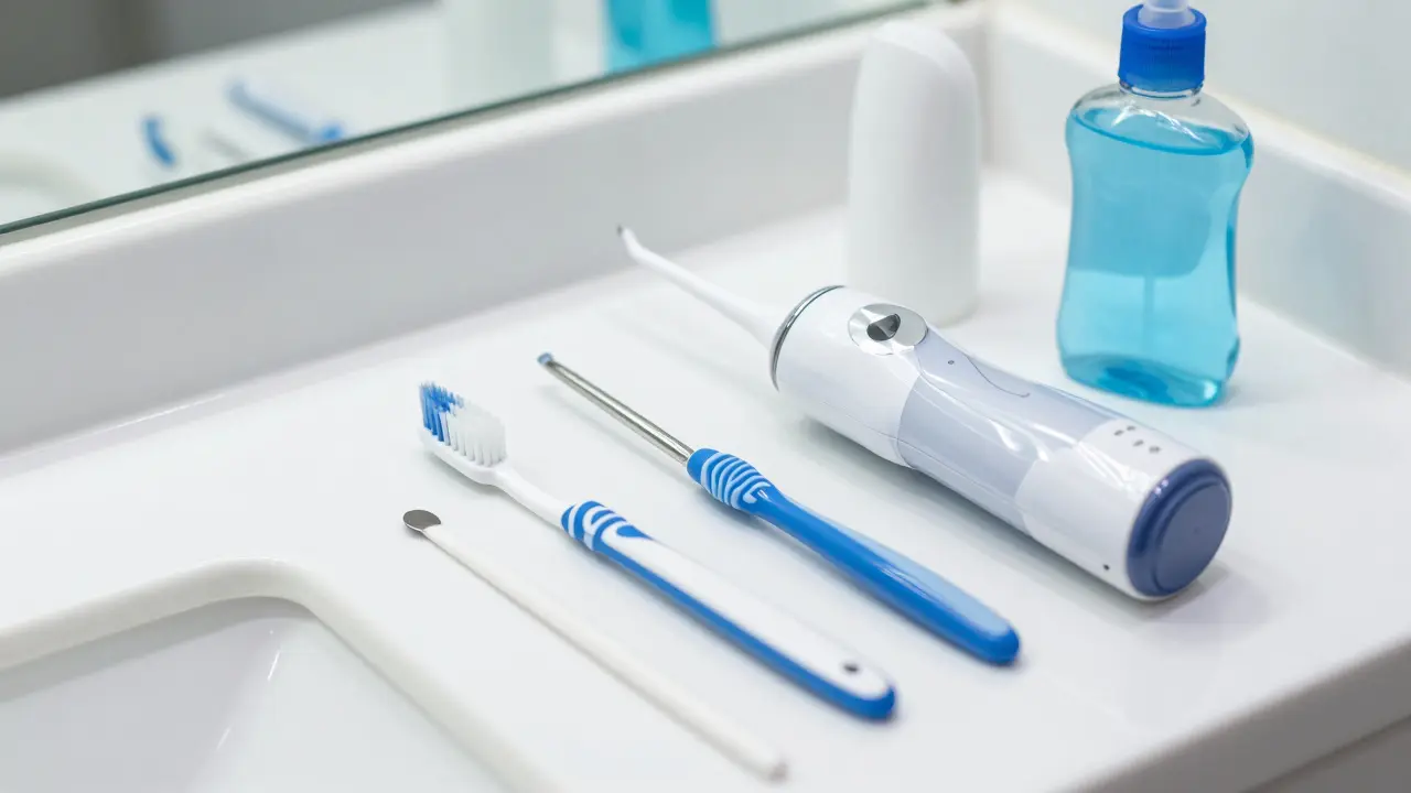 Sada hygienických potřeb pro čištění zubů s fixními rovnátky na umyvadle