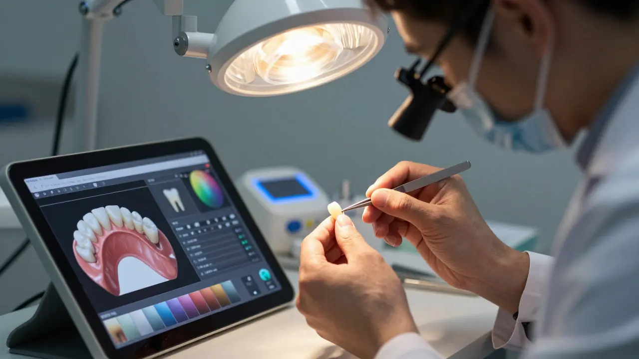 Technik upravuje keramickou destičku v zubní laboratoři
