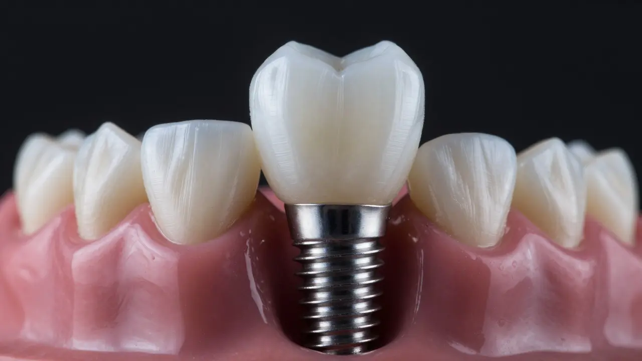Titanový zubní implantát s keramickou korunou v kosti