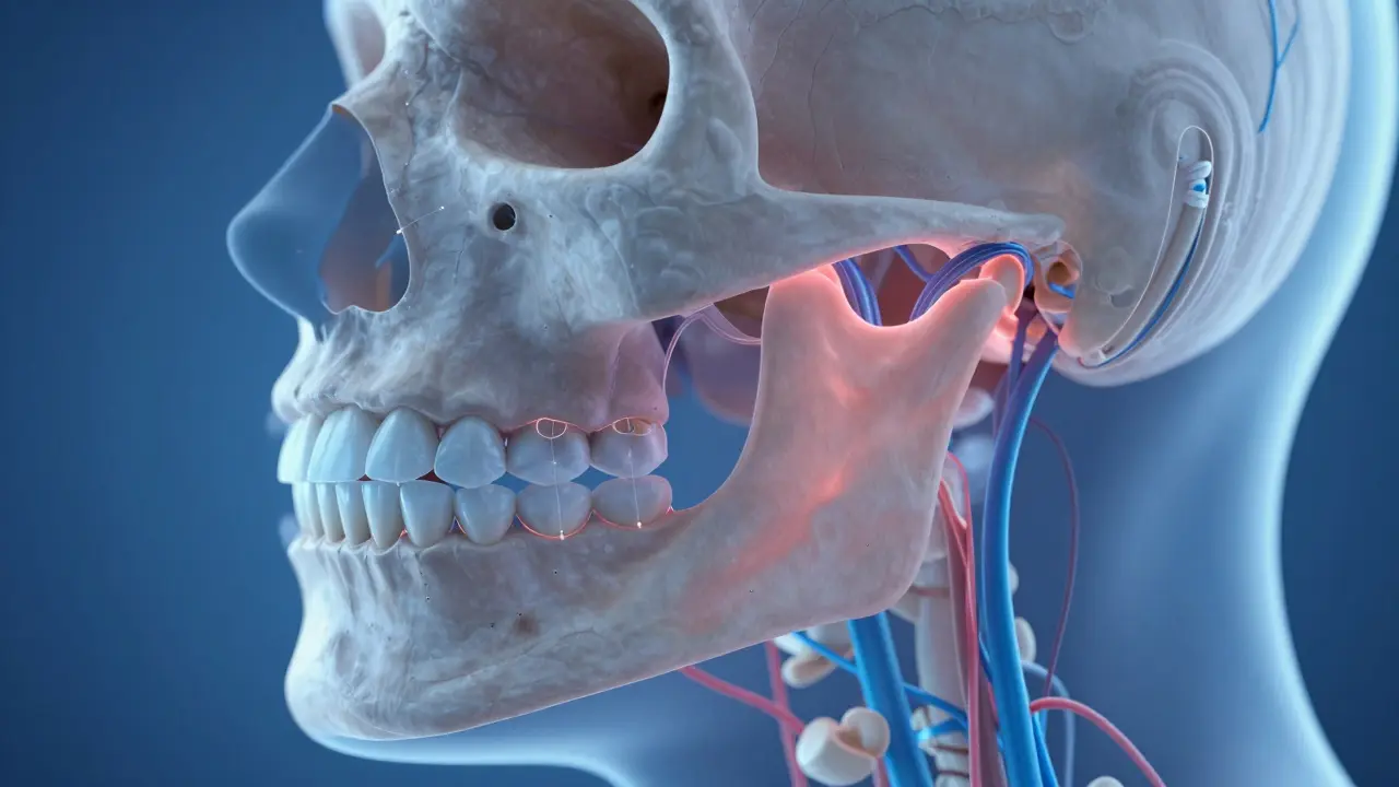 3D medicínská ilustrace ukazující tlak na čelistní kloub způsobený špatným skusem.