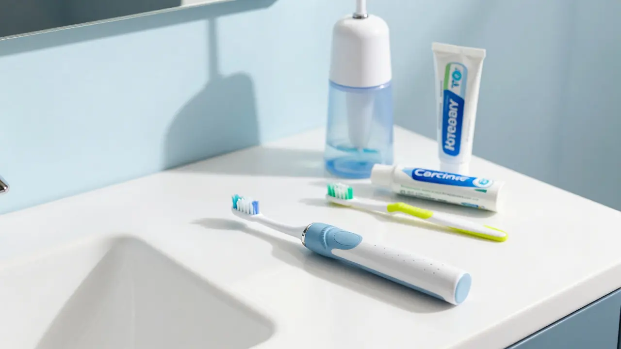 Hygienické pomůcky pro čištění zubů s rovnátky na stole