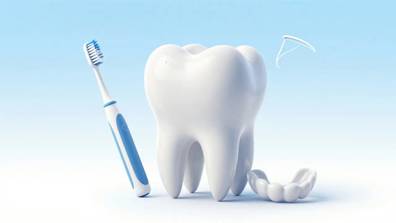 Ilustrace zdravého zuba s prvky prevence a hygieny