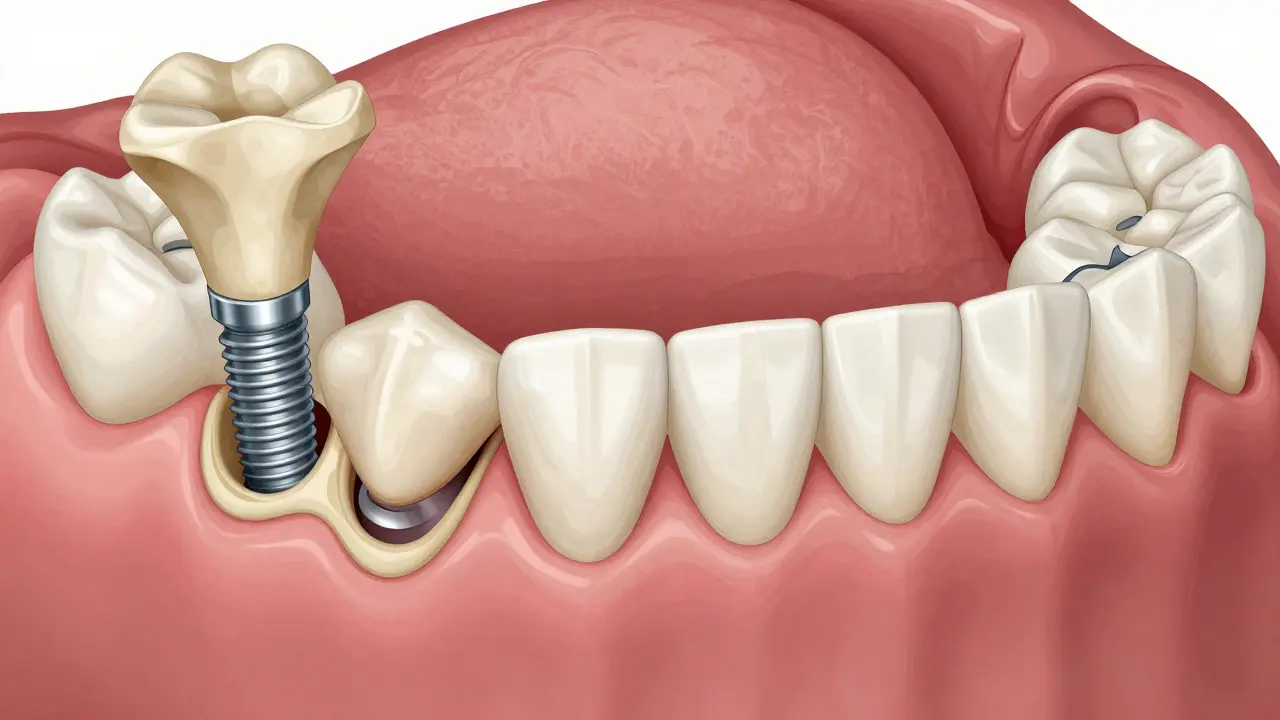 Lékařská vizualizace zachování kostní hmoty u implantátu versus úbytek u mostu