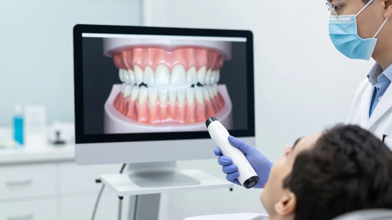 Ortodont používá digitální skener v moderní klinice pro vytvoření 3D modelu zubů.