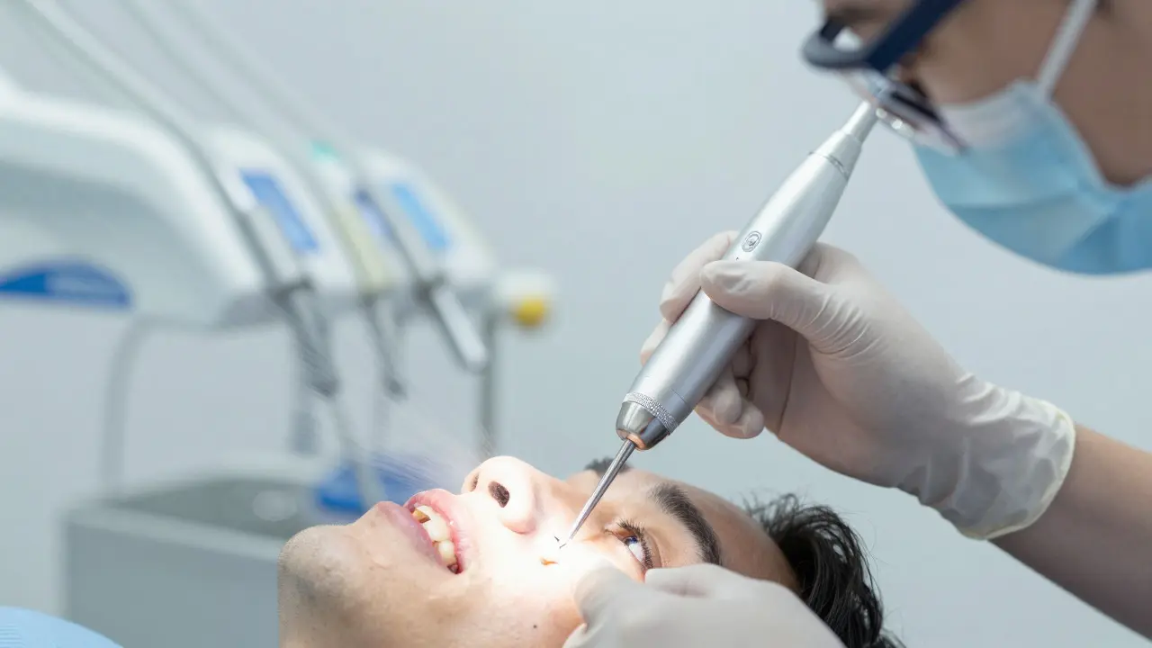 Stomatologická hygienička používá ultrazvukový scaler