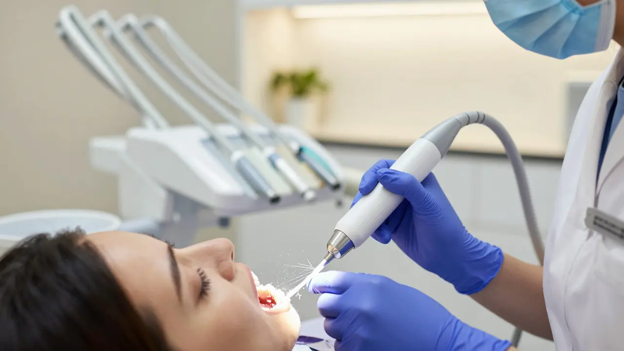 Zubní hygienista čistí zuby ultrazvukovým přístrojem v ordinaci