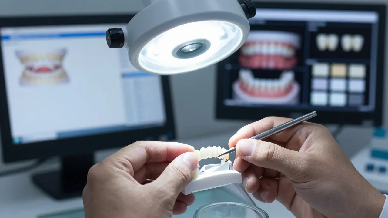 Zubní technik při výrobě keramických fazet v laboratoři
