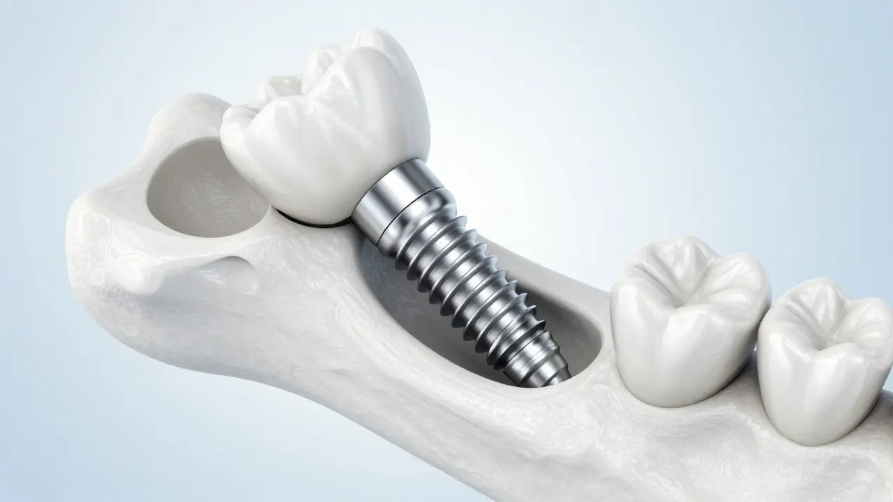 3D ilustrace titánového implantátu integrovaného do čelistní kosti pro dlouhodobou stabilitu