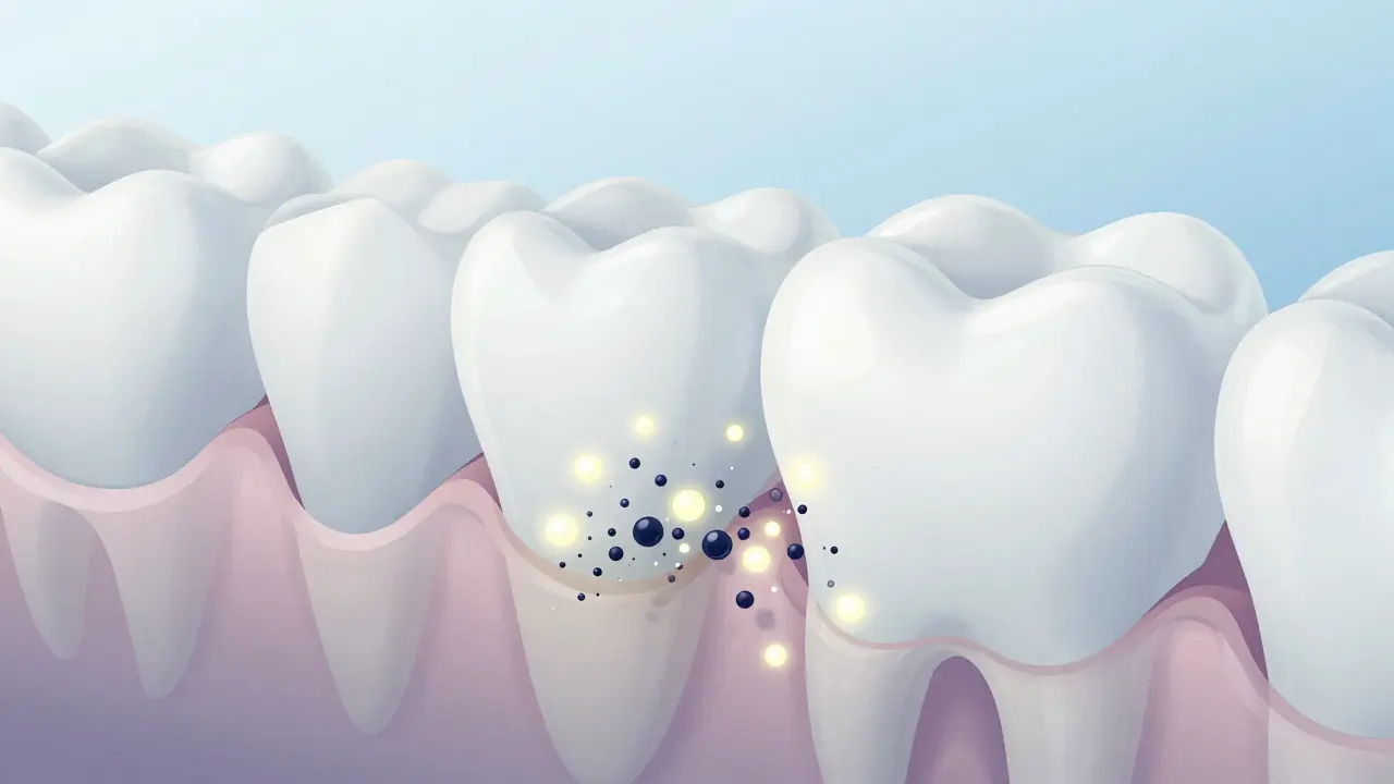 Abstract illustration of oxygen molecules removing stains from tooth enamel