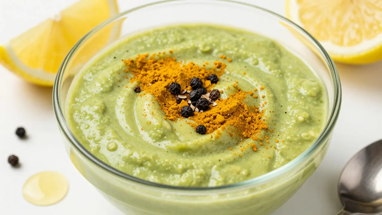 Avocado smoothie topped with turmeric powder and black pepper in a glass bowl