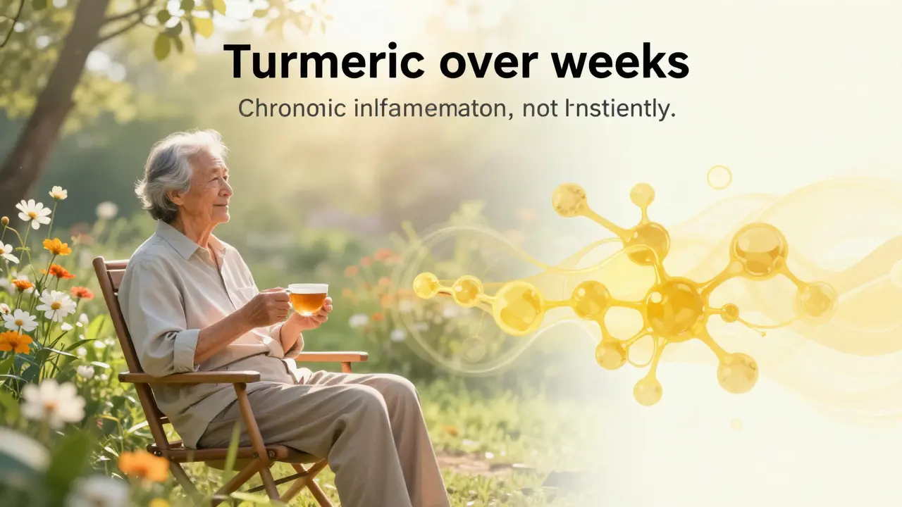 Elderly person in a garden with abstract yellow molecular overlays symbolizing health benefits