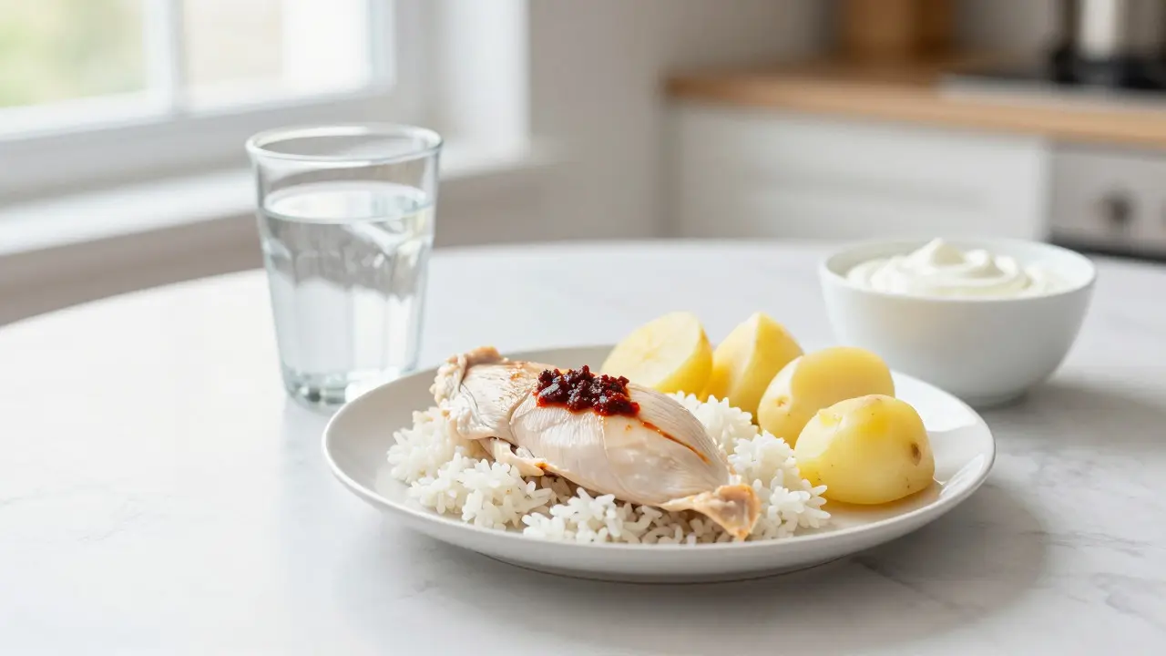Plate of plain white foods like rice, chicken, and yogurt on a table