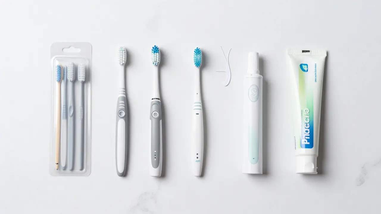 Pohled shora na sadu hygienických pomůcek pro nošení fixních rovnátek