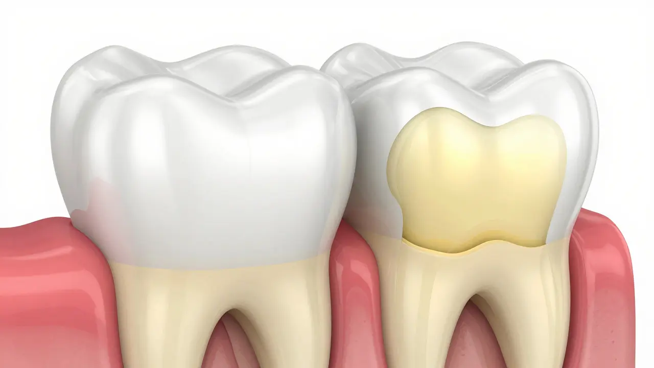 Schematické zobrazení zubu ukazující tenkou sklovinu a žlutý dentin pod ní