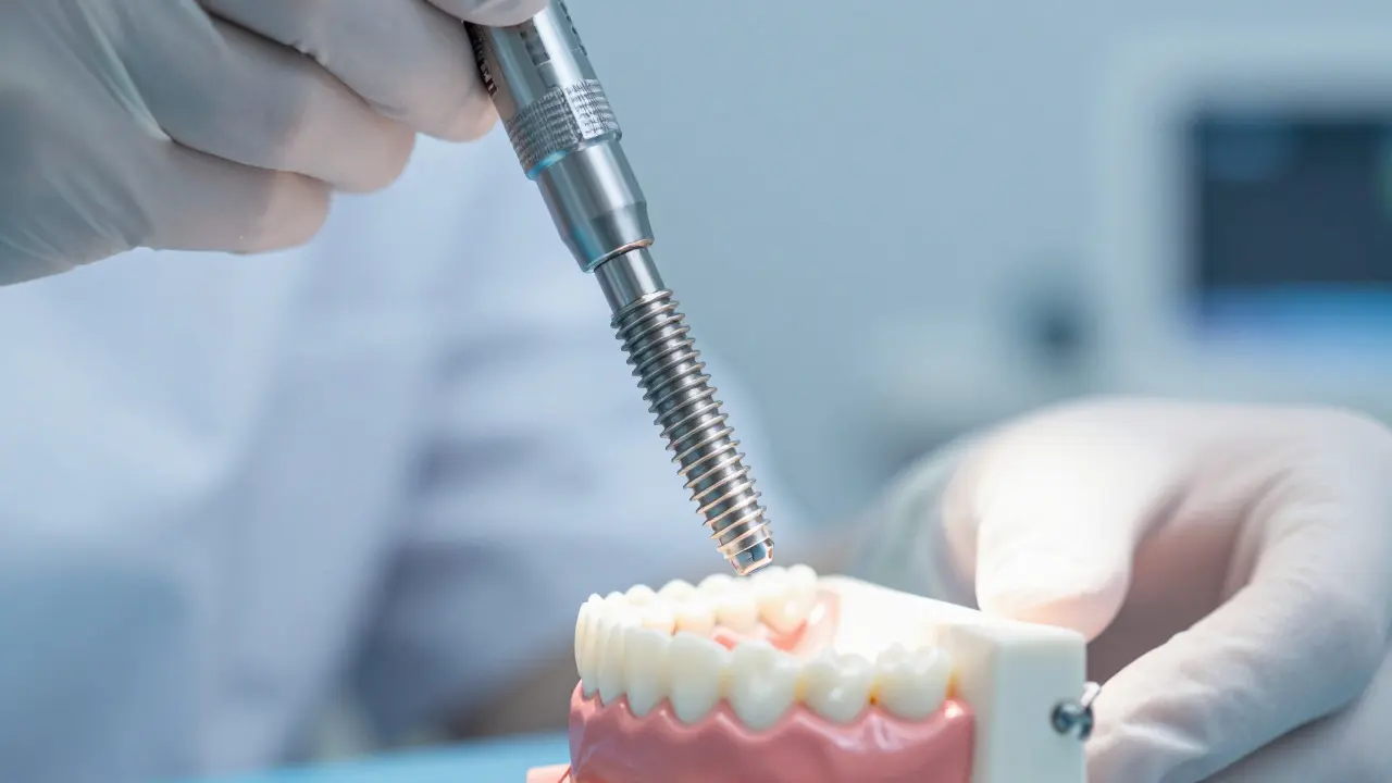 Titanium dental implant held by surgical tools above a jawbone model