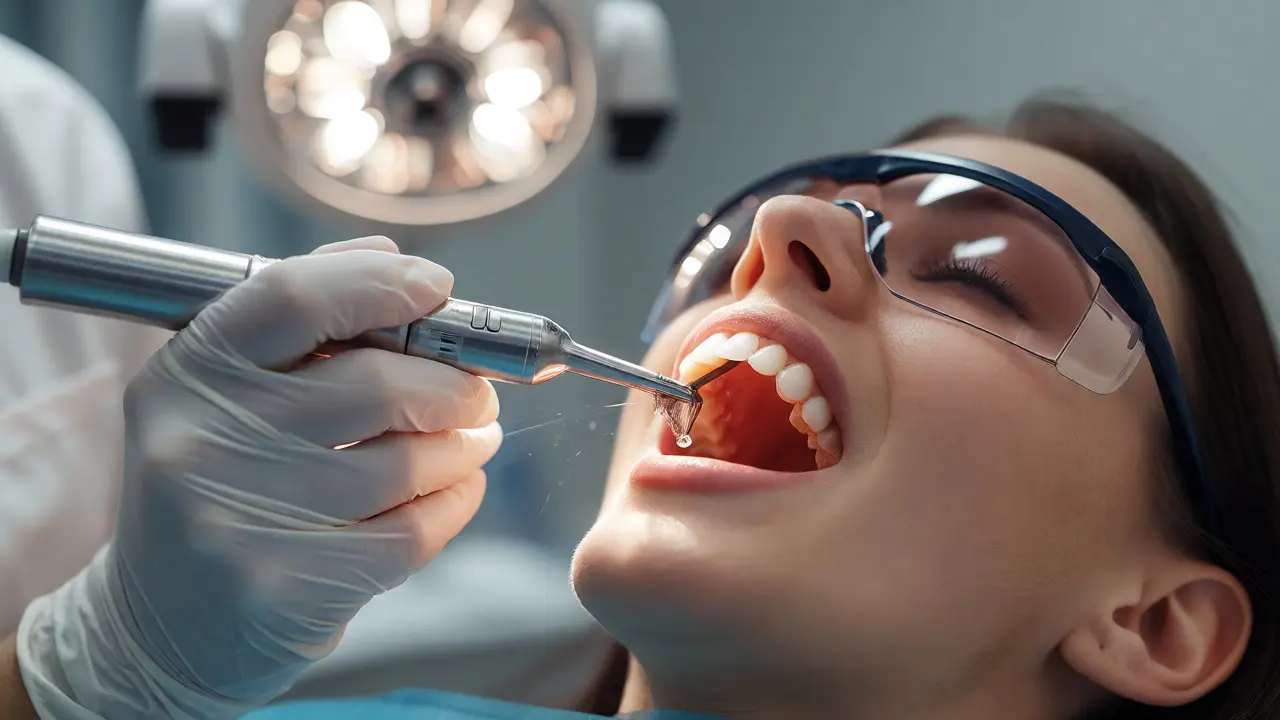 Dentální hygienistka odstraňuje kámen ultrazvukem