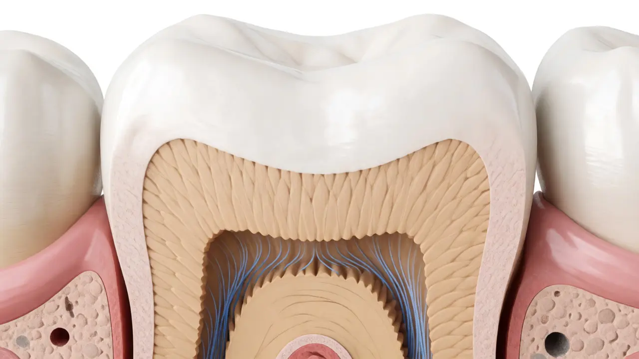 Detailní řez zubem ukazující odhalený dentin a mikroskopické tubuly pod sklovinou.