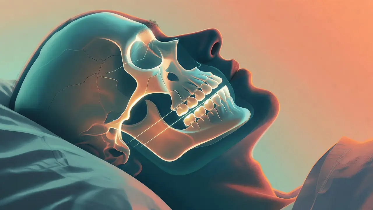 Ilustrace tahu gumiček na čelisti během spánku s vyznačenými silami.