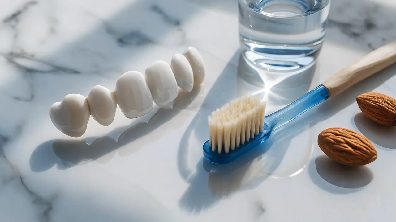 Keramické zubační náhrady vedle měkkého kartáčku a dentální nitě na mramoru.