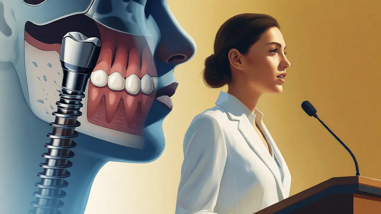 Konceptuální ilustrace zubního implantátu spojujícího anatomii s profesním úspěchem