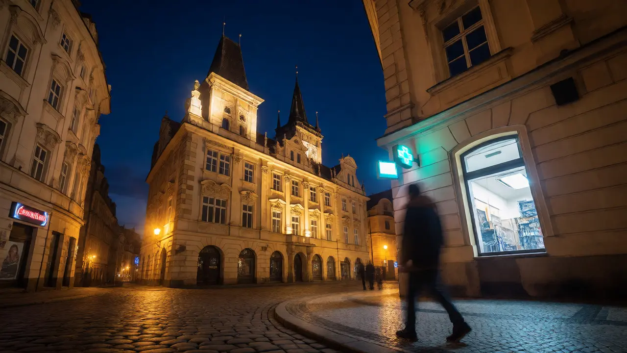 Noční ulice Prahy směřující k zubní pohotovosti