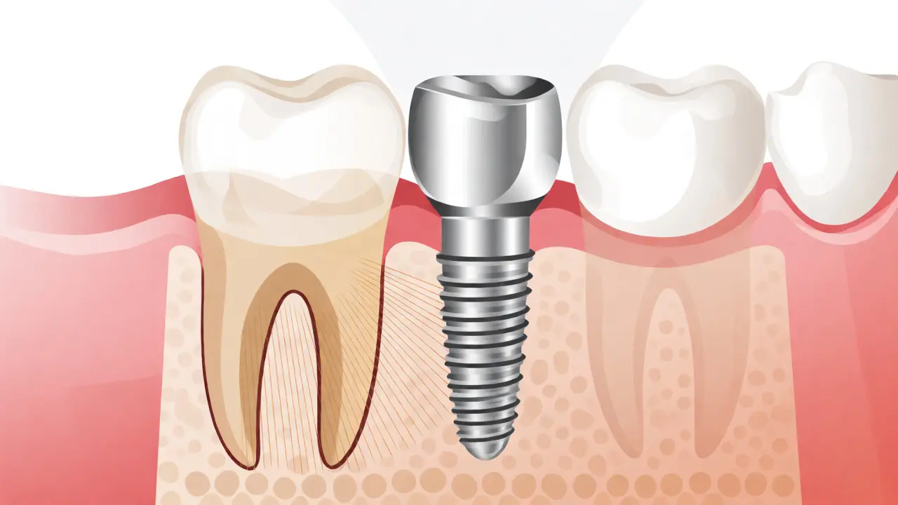 Porovnání přirozeného zubu a zubního implantátu v čelisti s důrazem na tkáně.